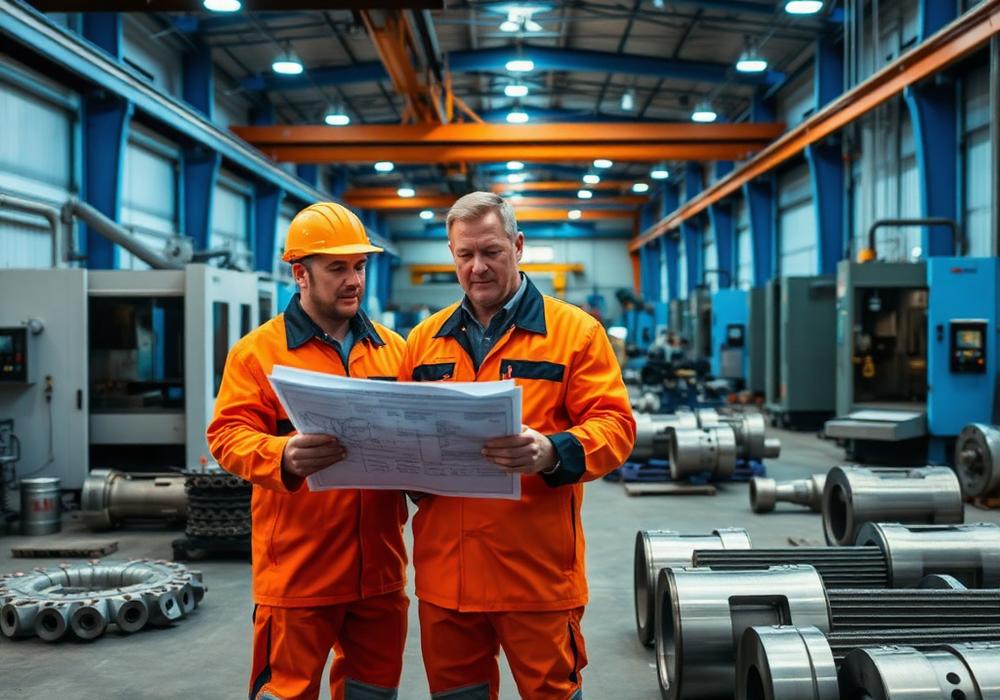 Engenheiros analisando desenho técnico em fábrica metalúrgica